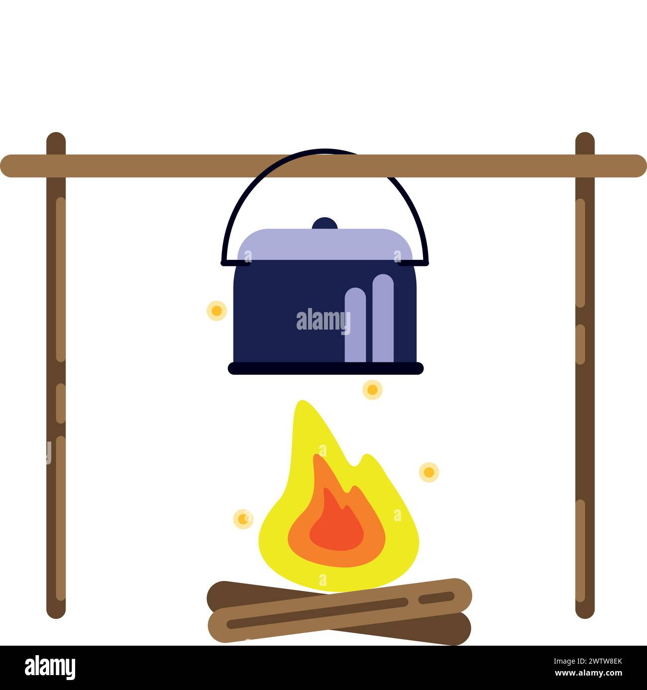 Campfire with food cooking in pot. Picnic color icon Stock Vector