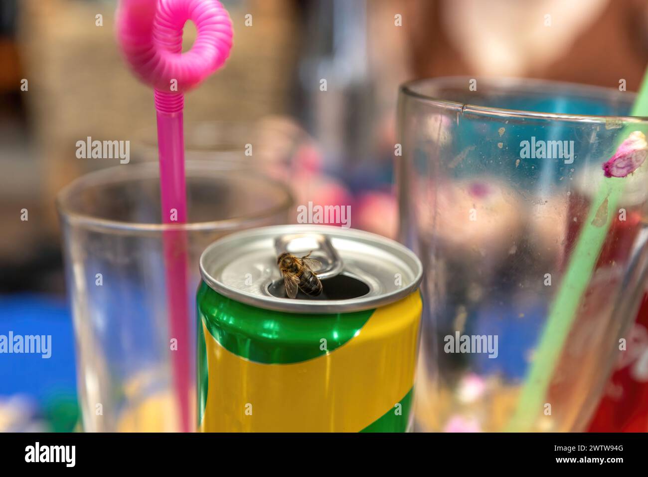 Danger of wasp and bee sting in summer: A bee crawling in a tin at a restaurant Stock Photo