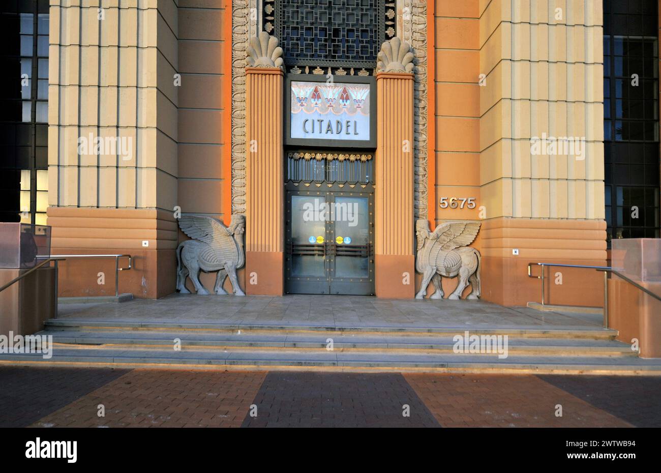 Exterior art deco architecture of the Citadel Outlets Mall, originally