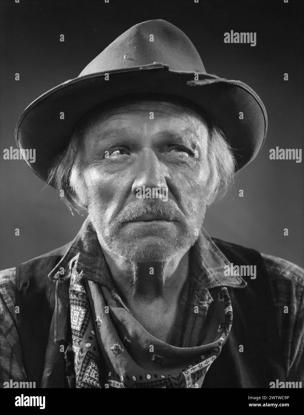 Close-up photo of an old prospector type individual with a scruffy beard, torn hat and neck kerchief, glancing off to the side Stock Photo
