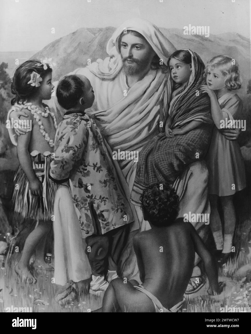 Art rendering labeled 'the hope of the world', Jesus Christ sitting with children looking up to him by Harold Copping (1863-1932) Stock Photo