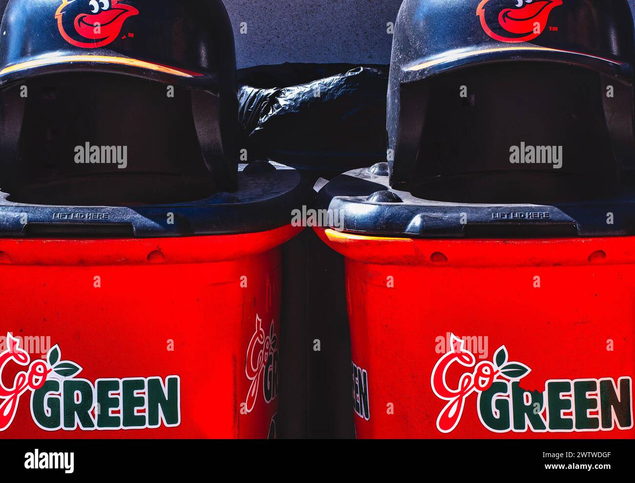 Trash cans outside the Baltimore orioles baseball stadium Stock Photo