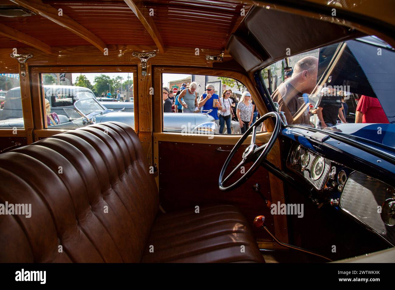 The interior of a customized blue 1936 Auburn 852 Supercharged woody station wagon on display in Auburn, Indiana, USA. Stock Photo