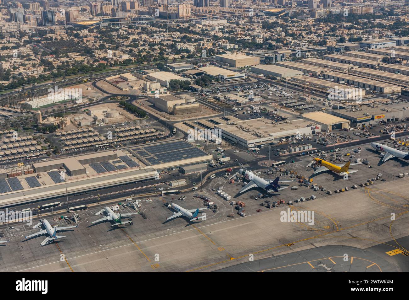 DUBAI, UAE - NOVEMBER 1, 2021: Aerial view of Dubai International Airport in Dubai, United Arab Emirates. Stock Photo
