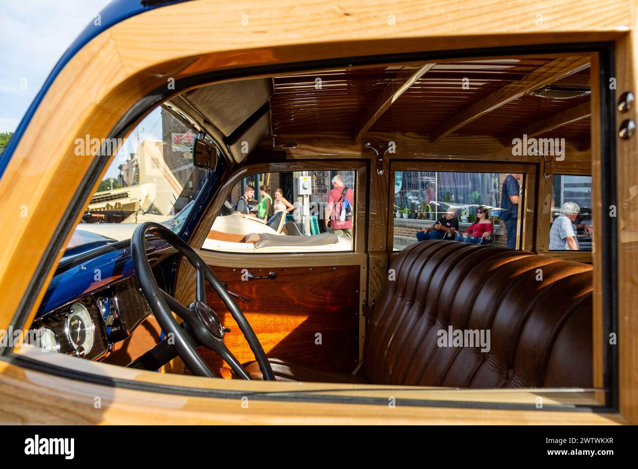 The interior of a customized blue 1936 Auburn 852 Supercharged woody station wagon on display in Auburn, Indiana, USA. Stock Photo