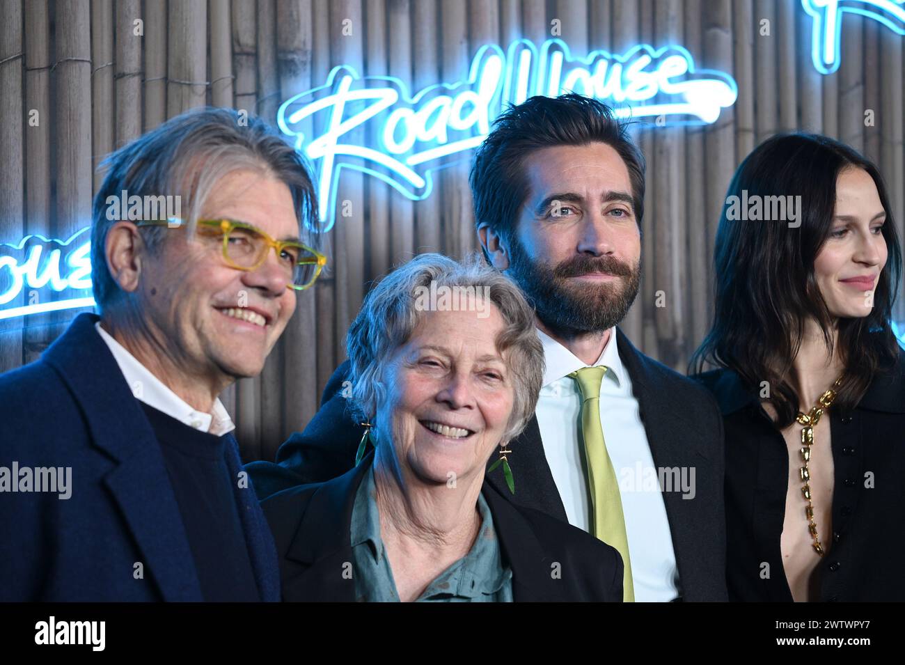 New York, USA. 19th Mar, 2024. L-R) Stephen Gyllenhaal, Naomi Foner Gyllenhaal, Jake Gyllenhaal, and Jeanne Cadieu attend the 'Roadhouse' New York premiere at Jazz at Lincoln Center, New York, NY, March 19, 2024.(Photo by Anthony Behar/Sipa USA) Credit: Sipa USA/Alamy Live News Stock Photo