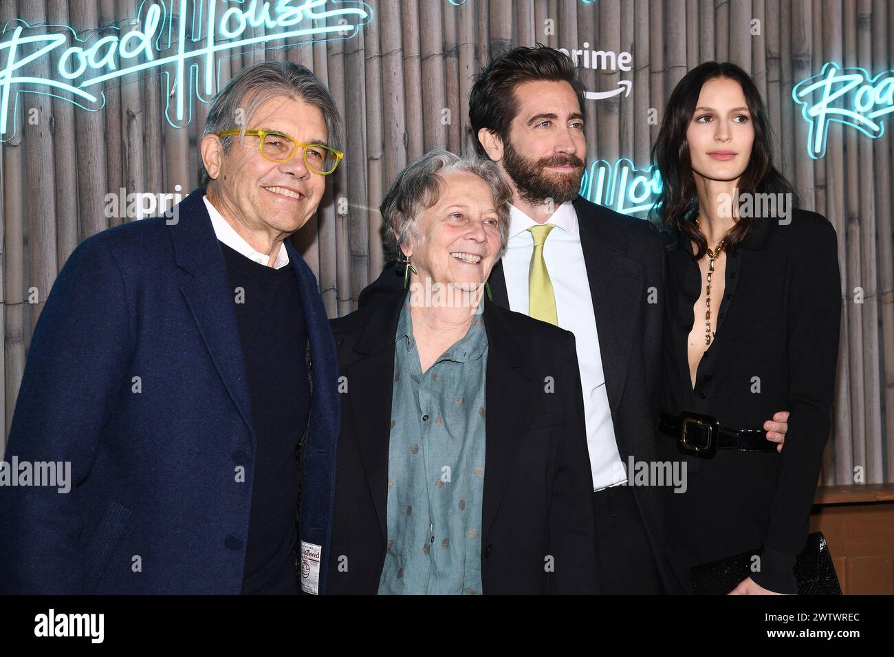 New York, USA. 19th Mar, 2024. L-R) Stephen Gyllenhaal, Naomi Foner Gyllenhaal, Jake Gyllenhaal, and Jeanne Cadieu attend the 'Roadhouse' New York premiere at Jazz at Lincoln Center, New York, NY, March 19, 2024.(Photo by Anthony Behar/Sipa USA) Credit: Sipa USA/Alamy Live News Stock Photo