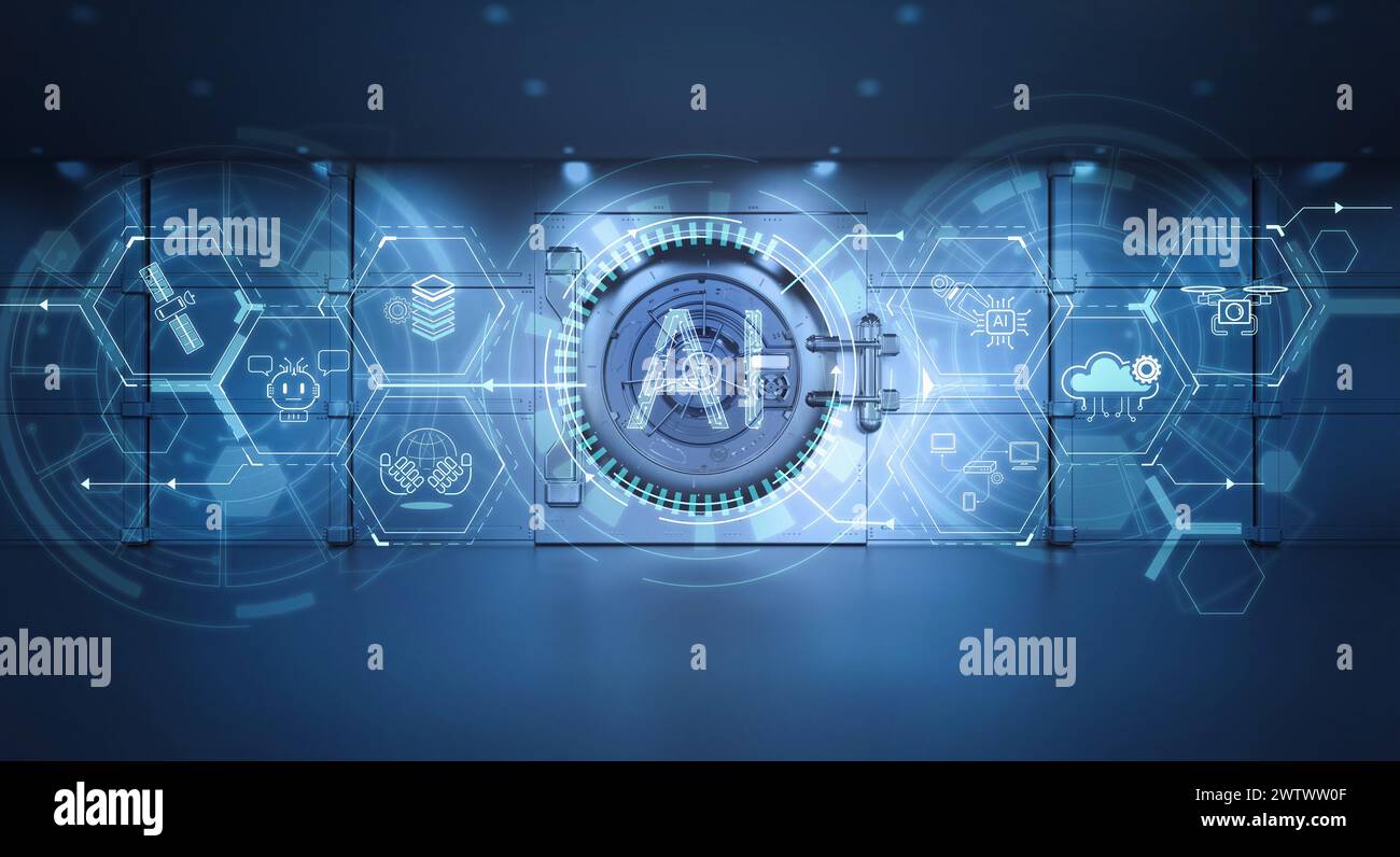 Cyber security with 3d rendering vault door and ai technology network Stock Photo