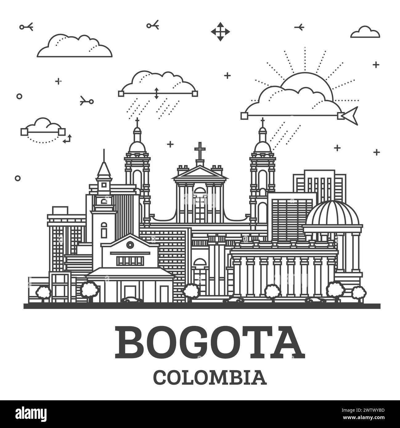 Outline Bogota Colombia City Skyline with Historic Buildings Isolated