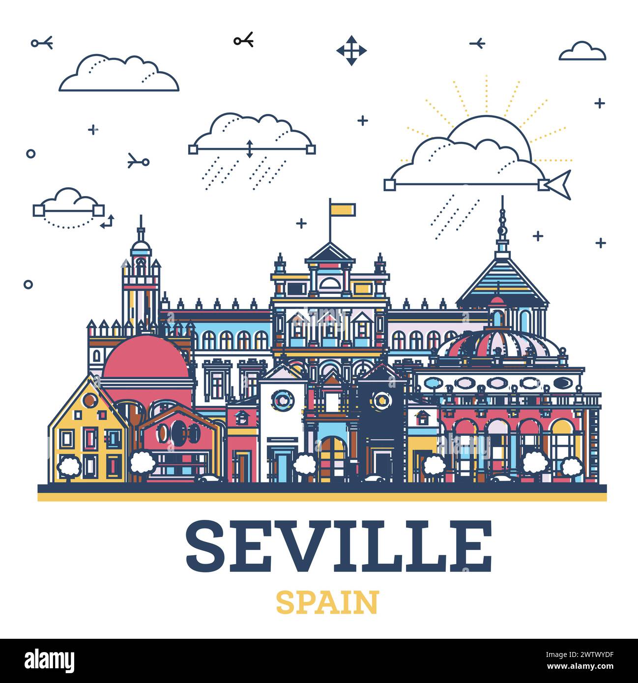 Outline Seville Spain City Skyline with colored Historic Buildings Isolated on White. Vector Illustration. Seville Cityscape with Landmarks. Stock Vector