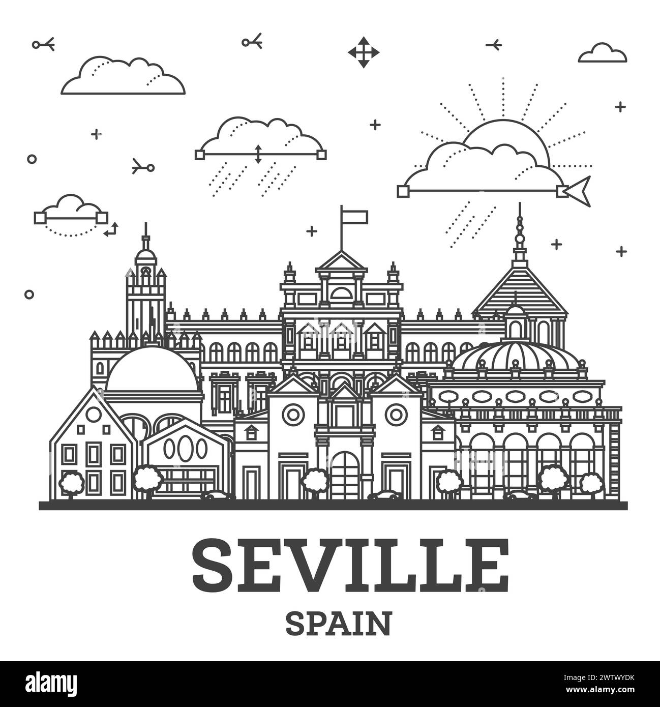 Outline Seville Spain City Skyline with Historic Buildings Isolated on White. Vector Illustration. Seville Cityscape with Landmarks. Stock Vector