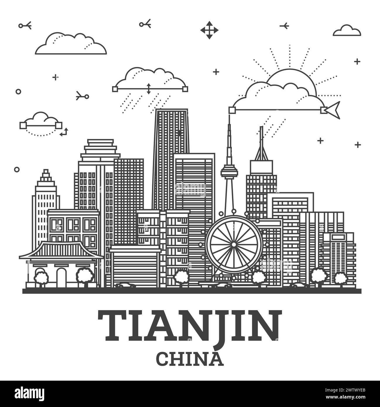 Outline Tianjin China City Skyline with Modern Buildings Isolated on White. Vector Illustration. Tianjin Cityscape with Landmarks. Stock Vector