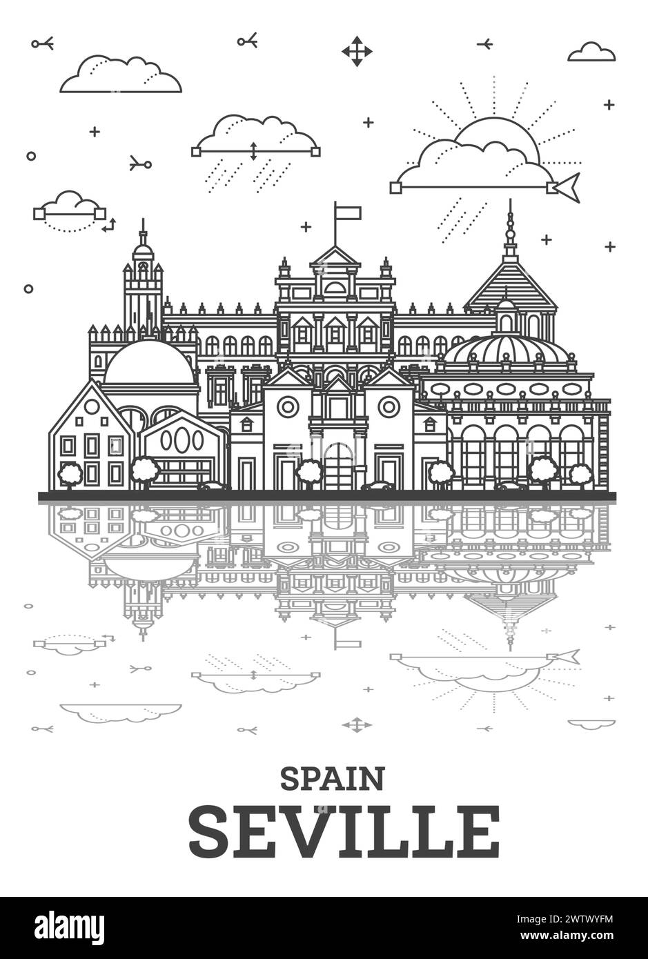 Outline Seville Spain City Skyline with Historic Buildings and ...