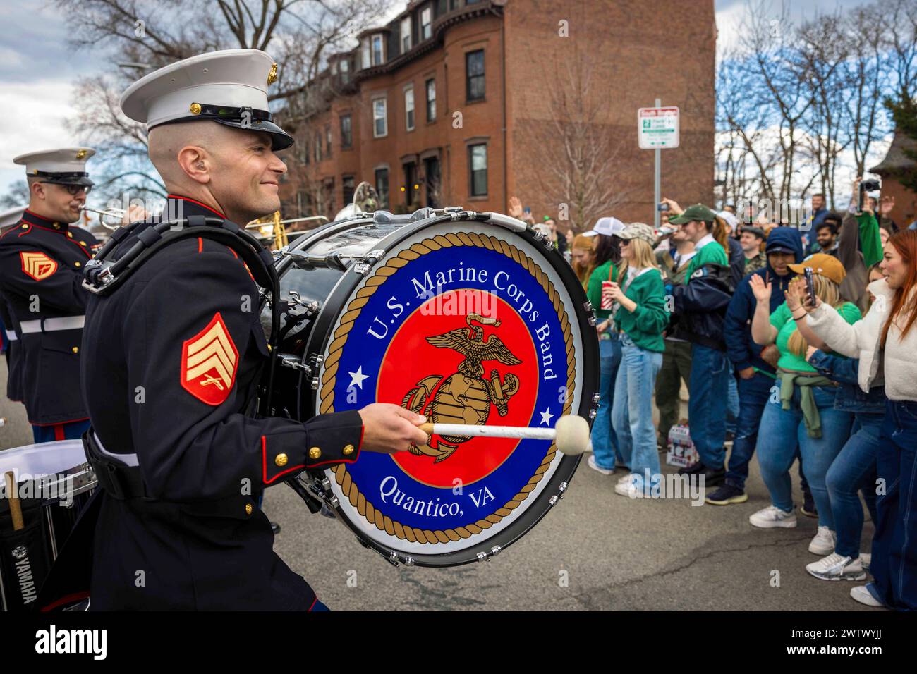 South Boston, Massachusetts, USA. 16th Mar, 2024. U.S. Marchine Corps Sgt. Josiah Rushing, a Kokomo, Indiana native and musician with Quantico Marchine Corps Band, performs at the South Boston St. Patrick's Day Parade in Boston, Massachusetts, March 17, 2024. The Quantico Marchine Corps Band provides musical support that fosters positive community relations, enhances troop morale, and promotes the Marchine Corps recruiting program through events such as parades, concerts, and ceremonies. (photo by Joaquin Dela Torre) (Credit Image: © U.S. Marchines/ZUMA Press Wire) EDITORIAL USAGE ONLY! No Stock Photo