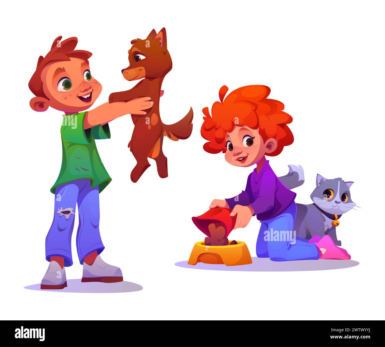 Kids playing with cat and dog pets isolated on white background. Vector
