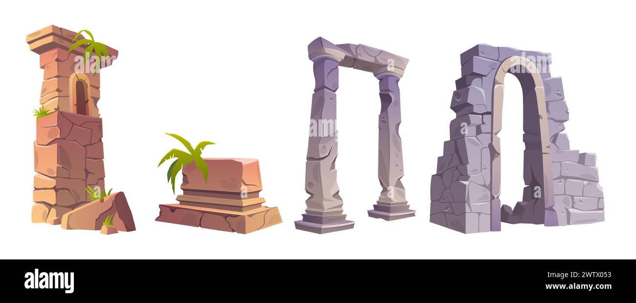 Broken ruins of ancient stone buildings. Arch rock entrance and part of brick wall with grass and plants. Cartoon vector illustration set of abandoned old pieces of architecture for archeology concept Stock Vector