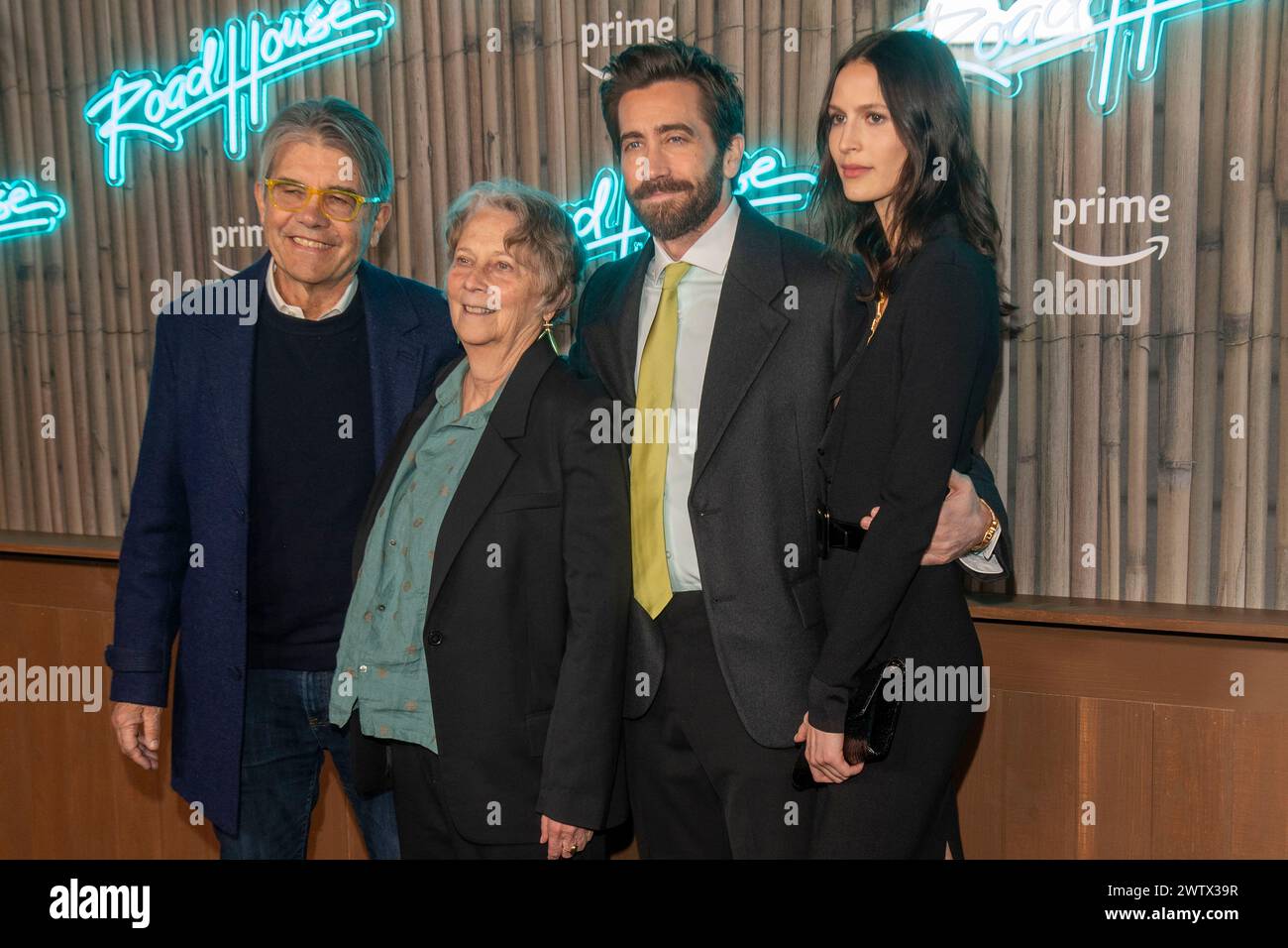 New York, United States. 19th Mar, 2024. NEW YORK, NEW YORK - MARCH 19: (L-R) Stephen Gyllenhaal, Naomi Foner Gyllenhaal, Jake Gyllenhaal and Jeanne Cadieu attend the 'Road House' New York Premiere at Jazz at Lincoln Center on March 19, 2024 in New York City. Credit: Ron Adar/Alamy Live News Stock Photo
