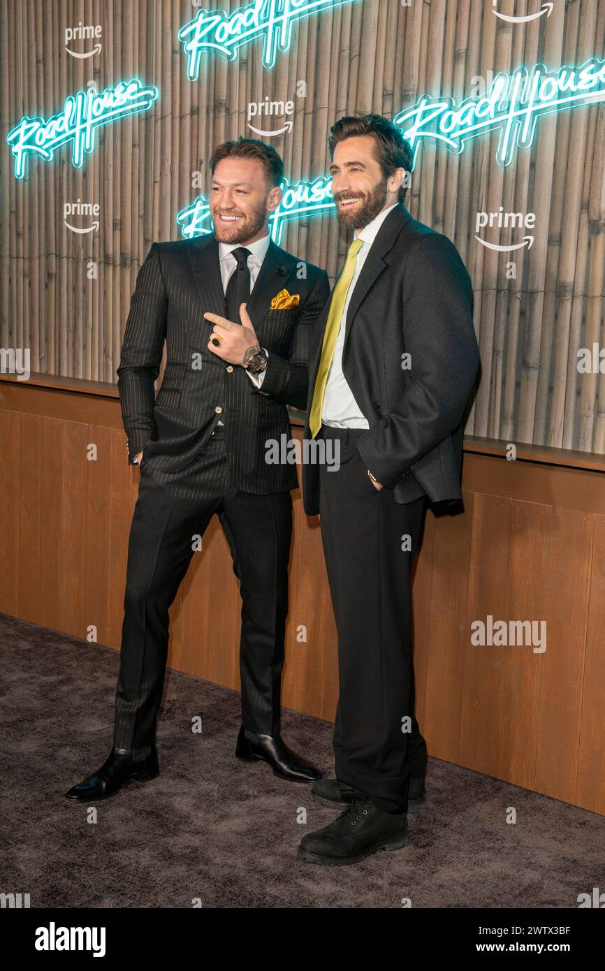 New York, United States. 19th Mar, 2024. NEW YORK, NEW YORK - MARCH 19: (L-R) Conor McGregor and Jake Gyllenhaal attend the 'Road House' New York Premiere at Jazz at Lincoln Center on March 19, 2024 in New York City. Credit: Ron Adar/Alamy Live News Stock Photo