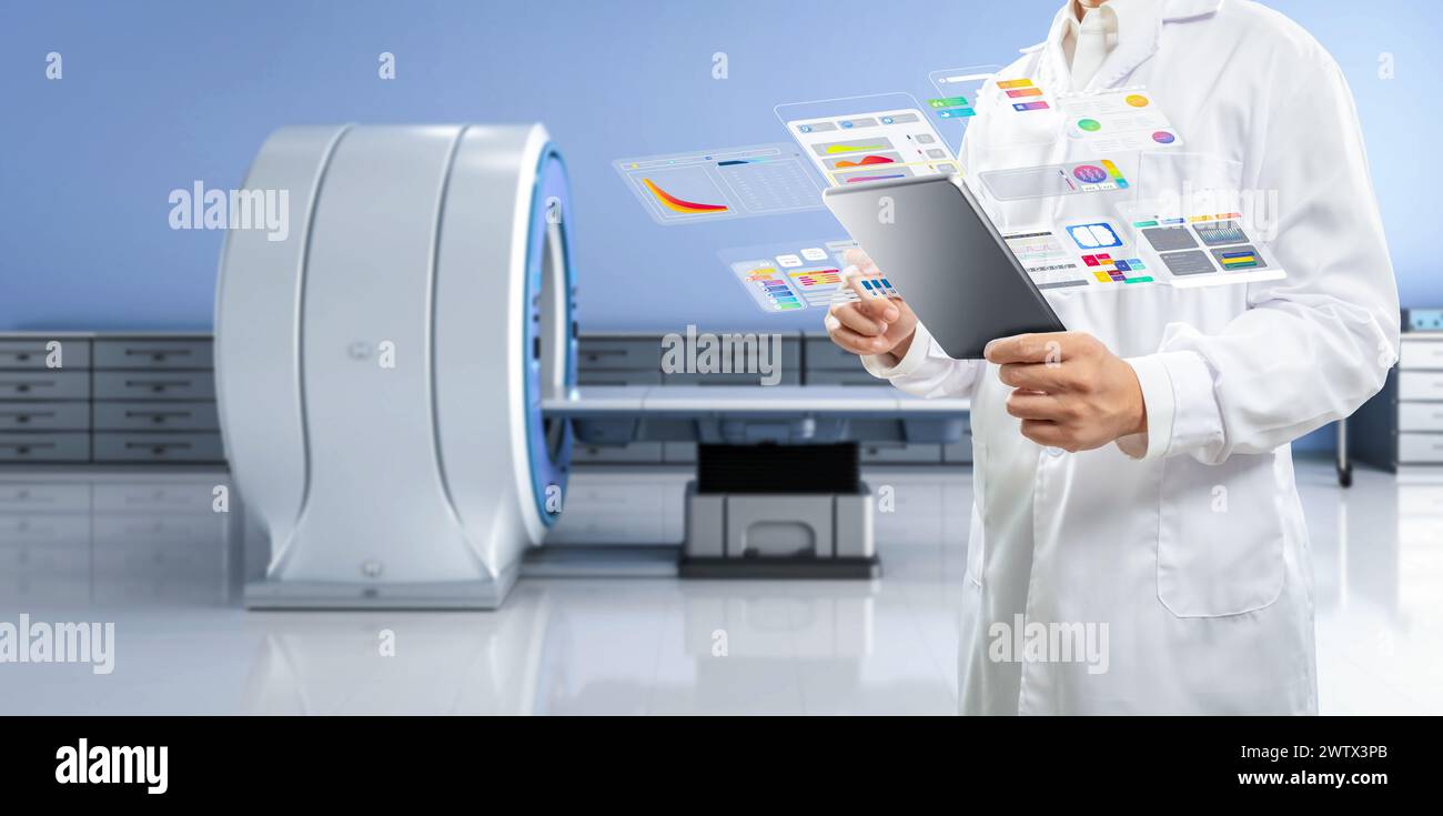 Doctor with graphic interface display in 3d rendering hospital room with mri scanner machine Stock Photo
