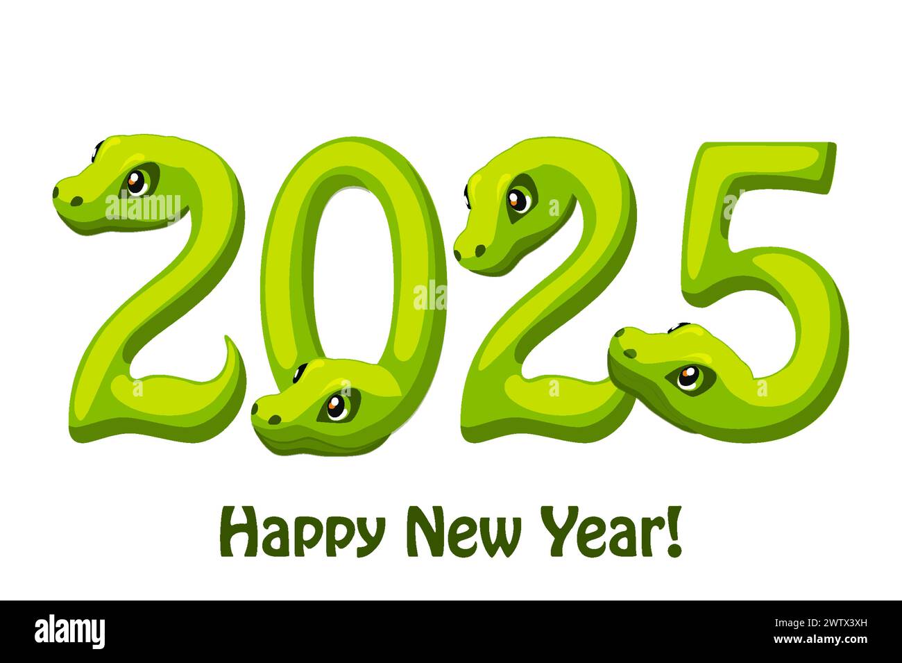 The 2025 year of the snake. Cartoon number 2025. Cartoon Greeting Card