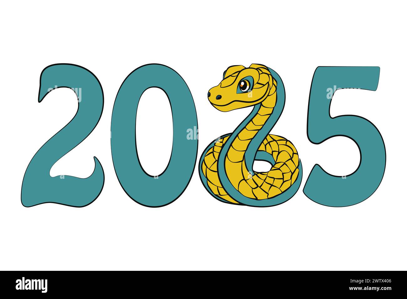 The 2025 year of the snake. Number 2025. Cartoon Greeting Card Stock