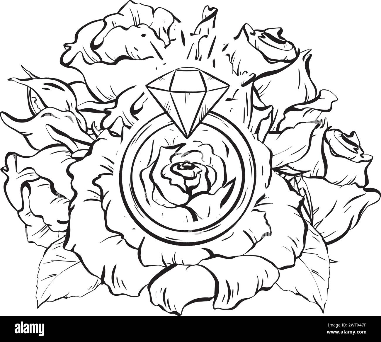 A monochrome sketch of a diamond ring nestled within a rose flower Stock Vector