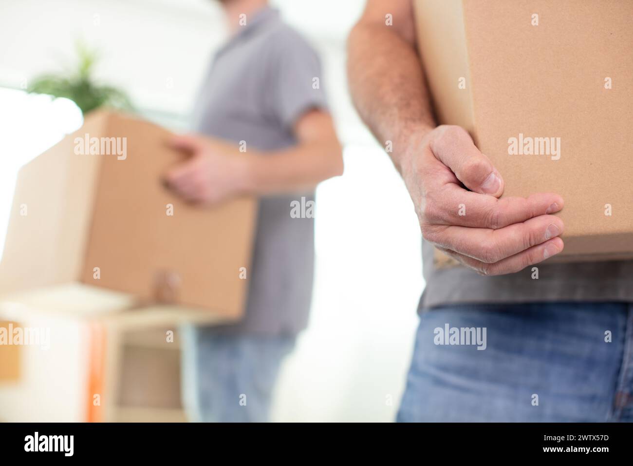 cropped view of removals men carrying boxes Stock Photo
