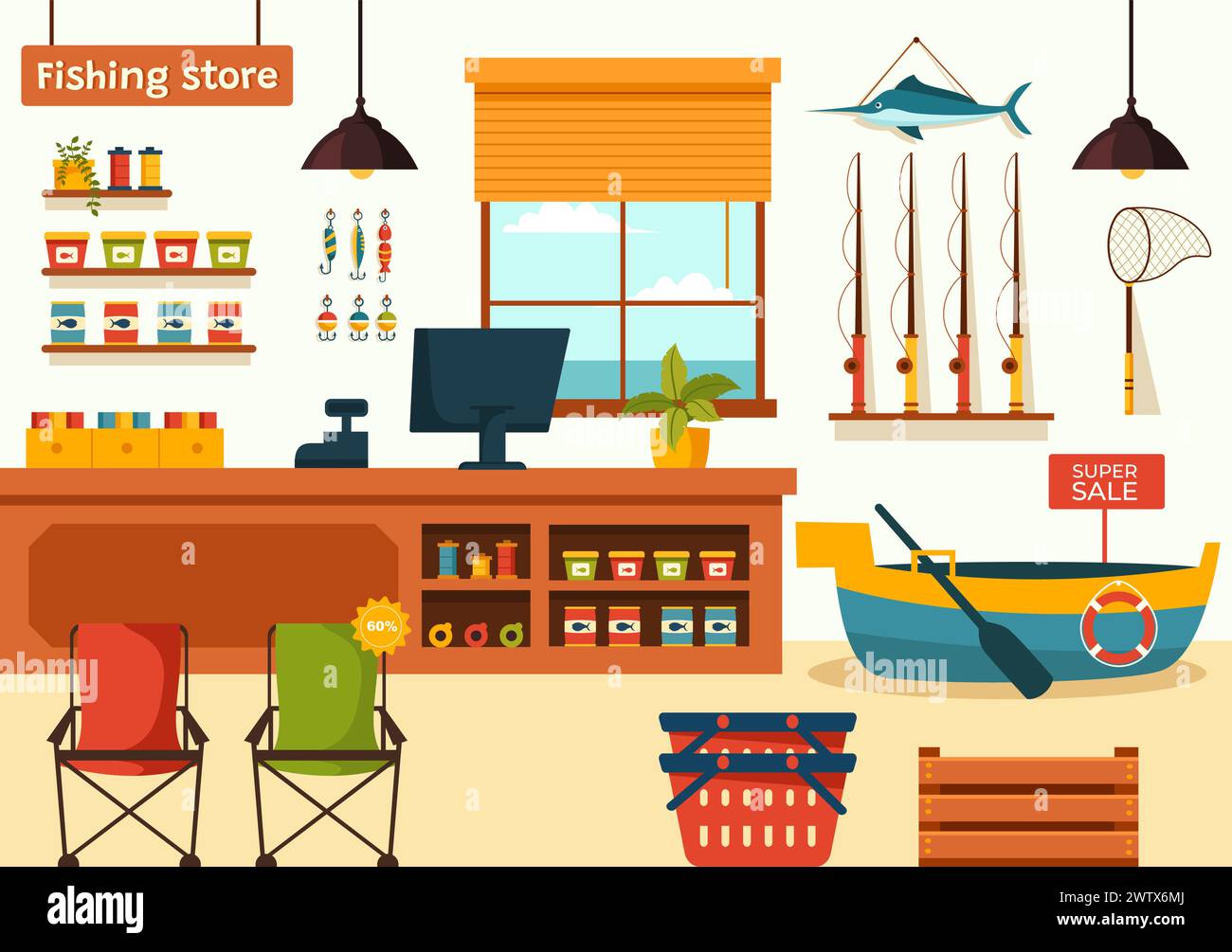 Fishing Store Vector Illustration with Selling Various Fishery Equipment, Bait, Fish Catching Accessories or Items on Flat Cartoon Background Stock Vector