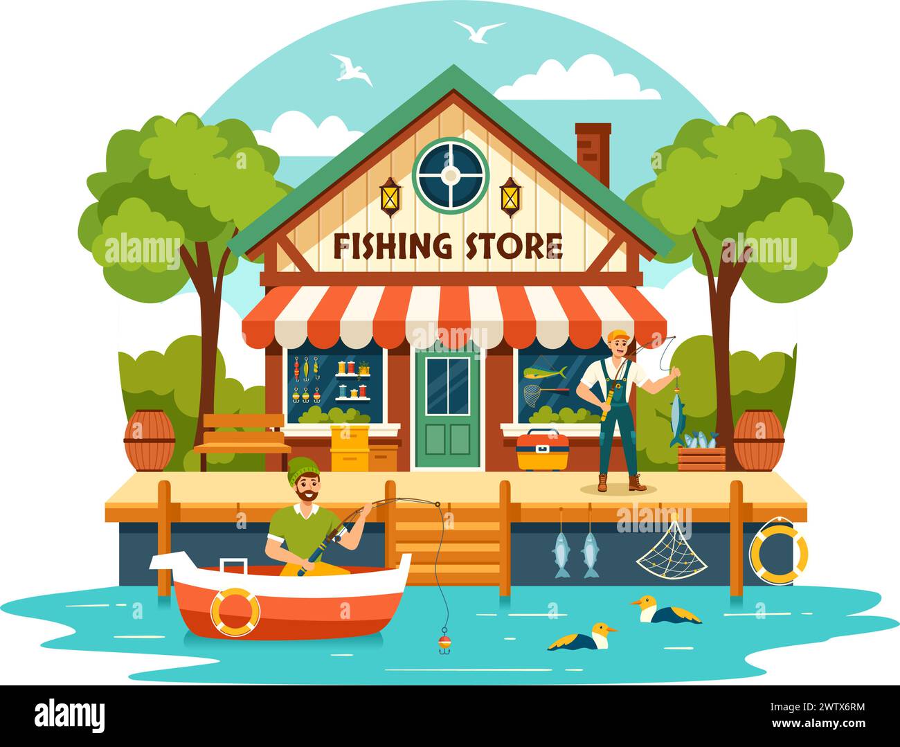 Fishing Store Vector Illustration with Selling Various Fishery Equipment, Bait, Fish Catching Accessories or Items on Flat Cartoon Background Stock Vector