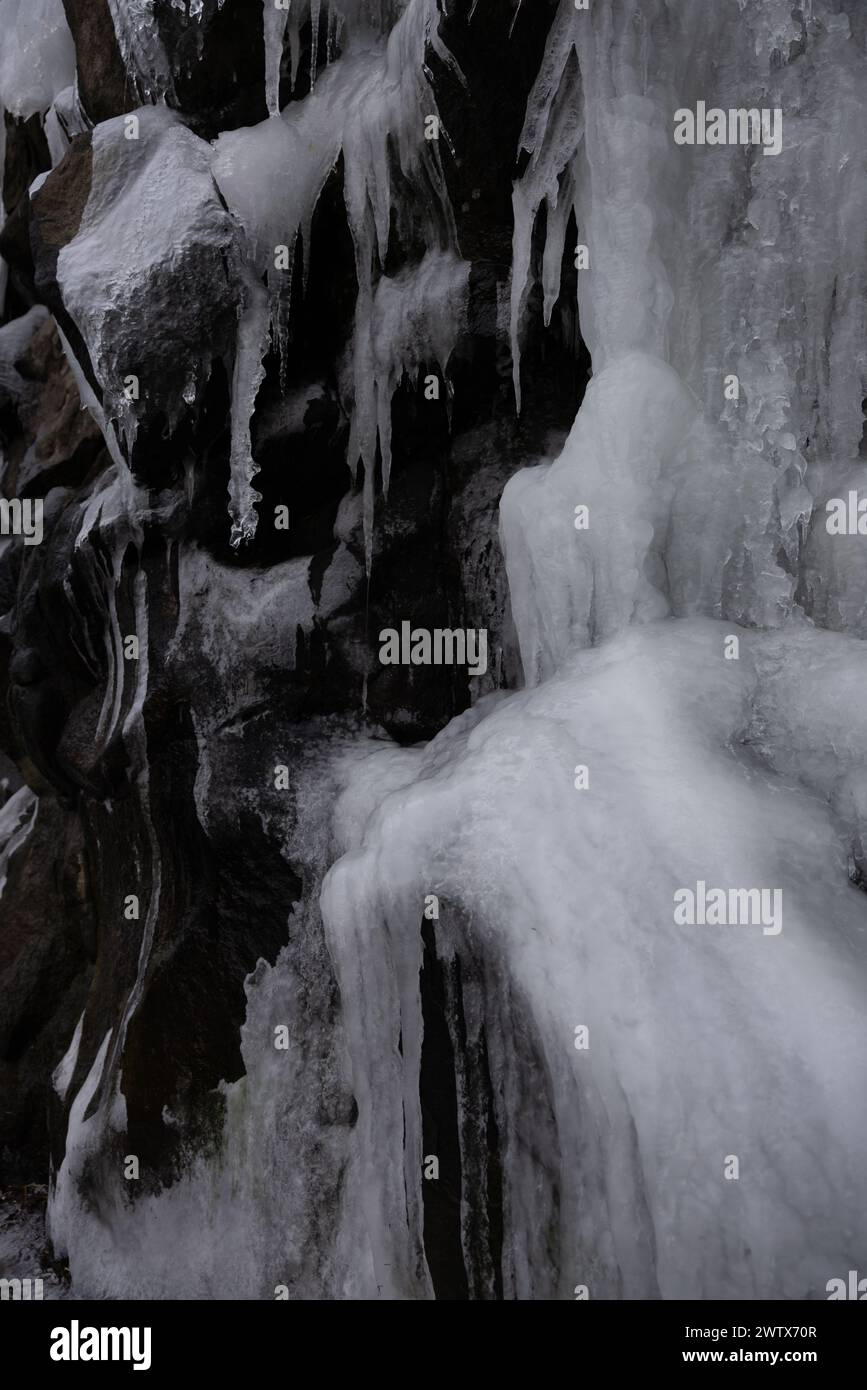 An Icy waterfall cascades into a winter lake Stock Photo - Alamy