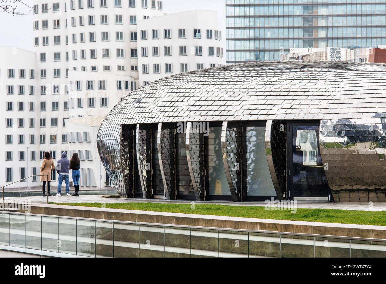 the Pebbles Bar of the Hyatt Regency hotel at the harbor Medienhafen, JSK architects, in the background the buildings Neuer Zollhof by Frank O. Gehry Stock Photo