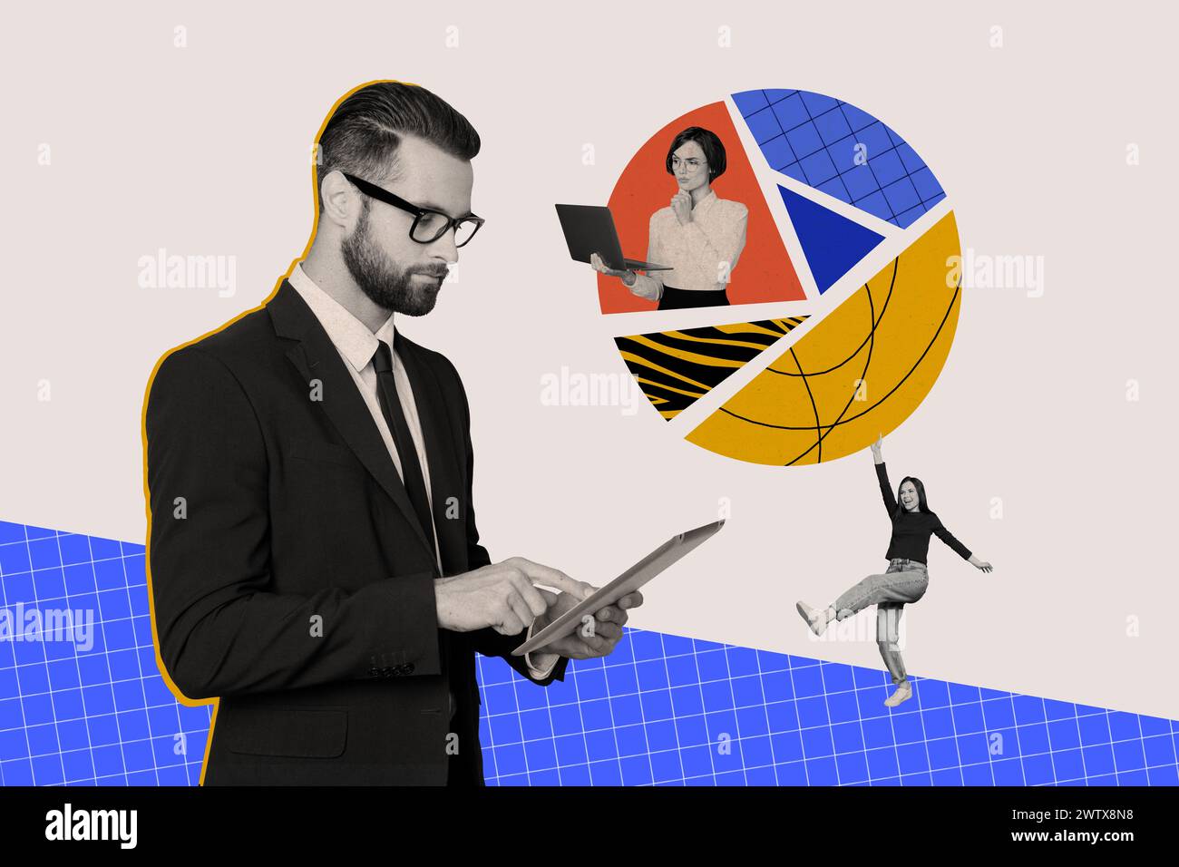 Sketch image composite trend artwork photo collage of team office workers man two women coworking place use device tablet laptop Stock Photo