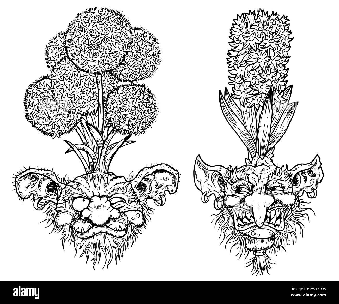 Hand drawn engraved vector set with funny demon or gnome faces as roots of beautiful spring flowers of Allium and Hyacinthus isolated on white, garden Stock Vector
