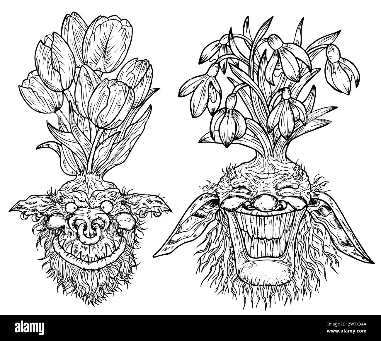 Hand drawn engraved vector set with funny demon or gnome faces as roots of beautiful spring flowers of Galanthus and Tulip isolated on white, garden f Stock Vector