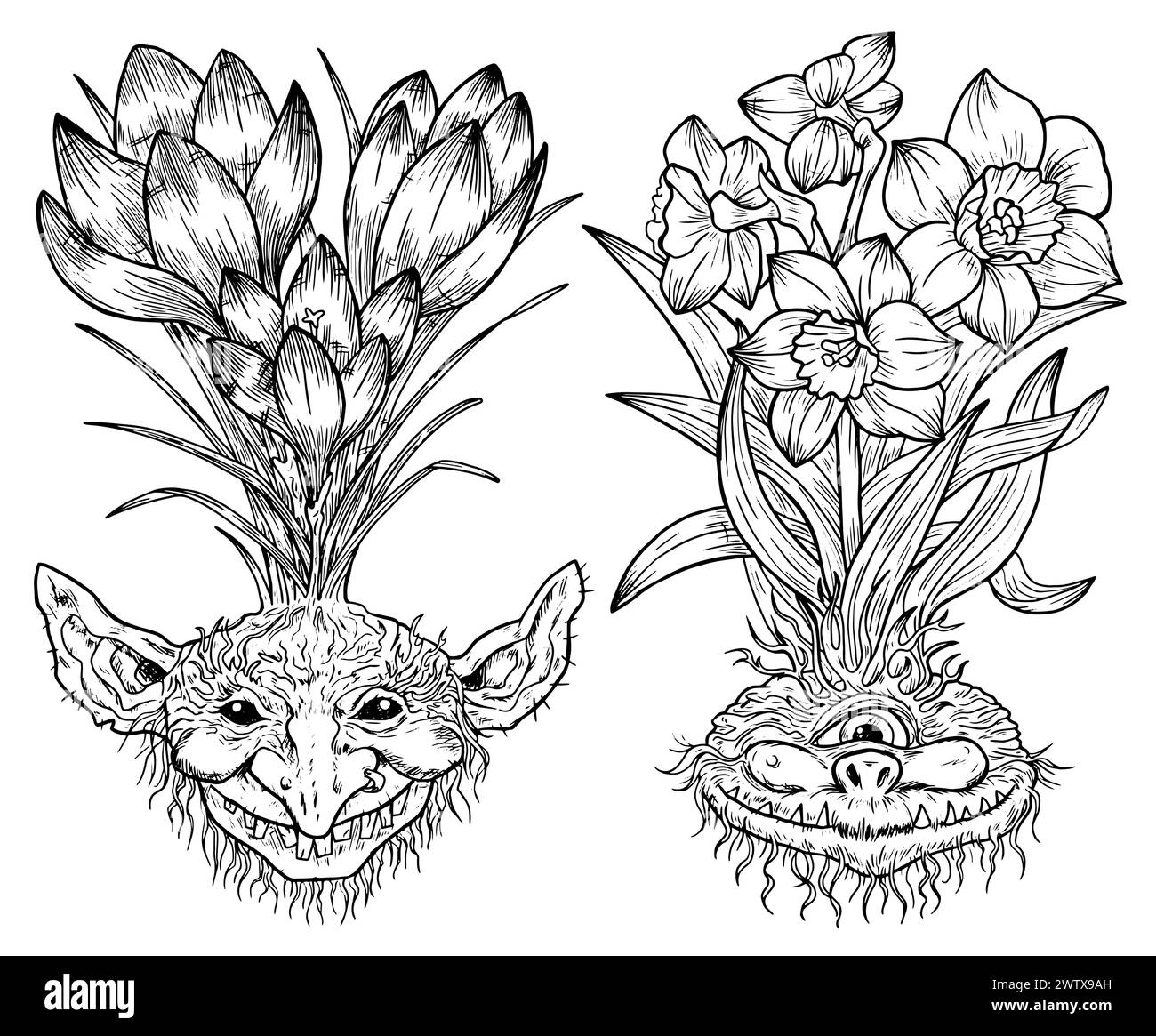 Hand drawn engraved vector set with funny demon or gnome faces as roots of beautiful spring flowers of Crocus and Narcissus isolated on white, garden Stock Vector
