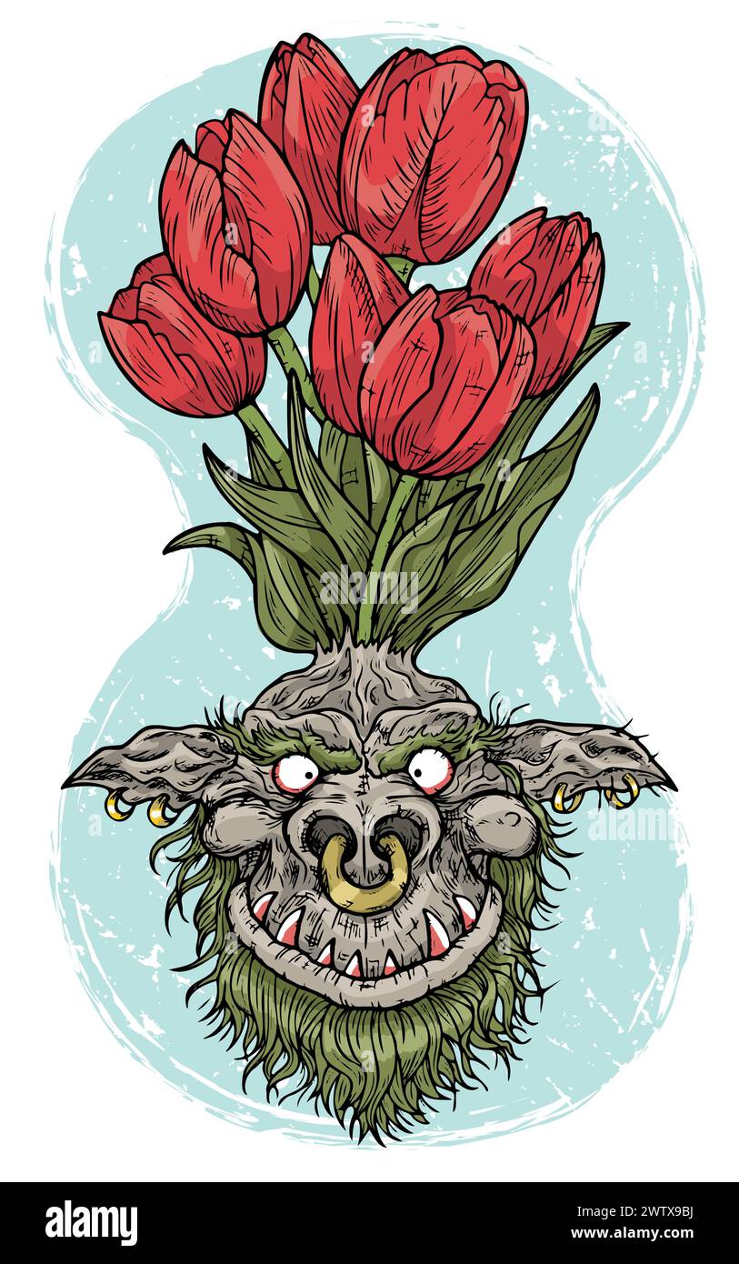 Hand drawn colorful vector illustration with engraved funny demon or gnome face as root of beautiful spring flower of Tulip isolated on white, garden Stock Vector