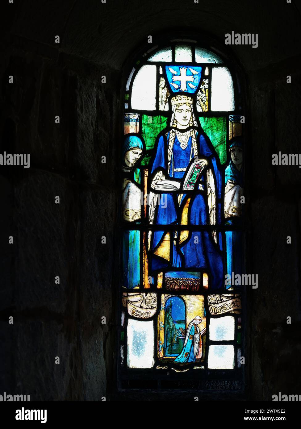 Queen Margaret, illustrated stained glass window, St Margaret's chapel