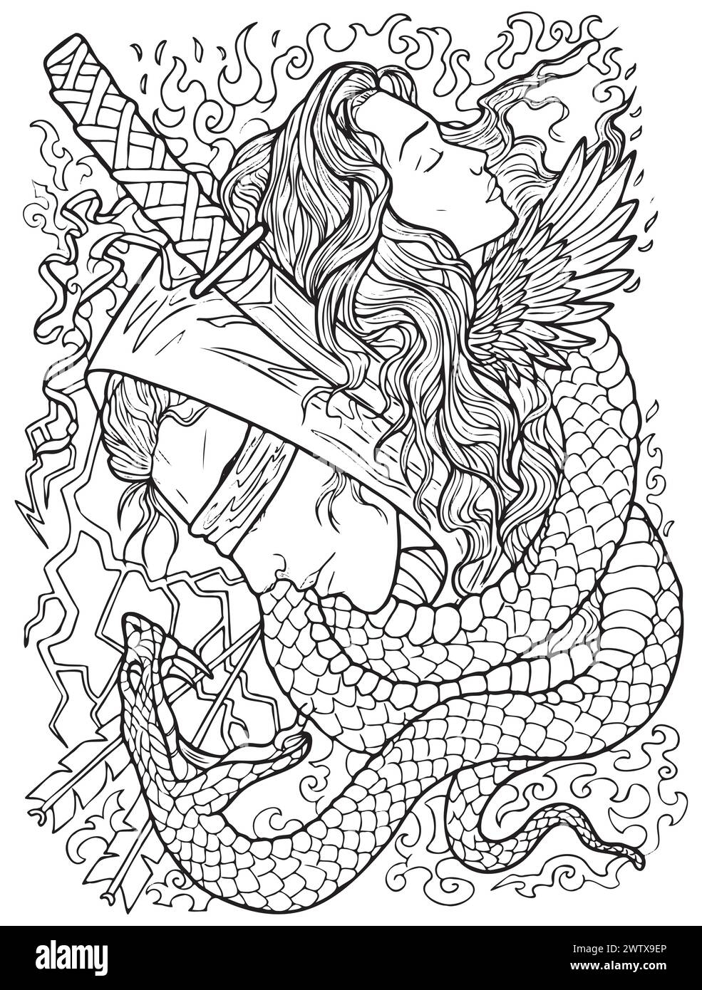 Fantasy engraved hand drawn illustration with beautiful woman, blind warrior, sword and snake. Black and white vector graphic art Stock Vector