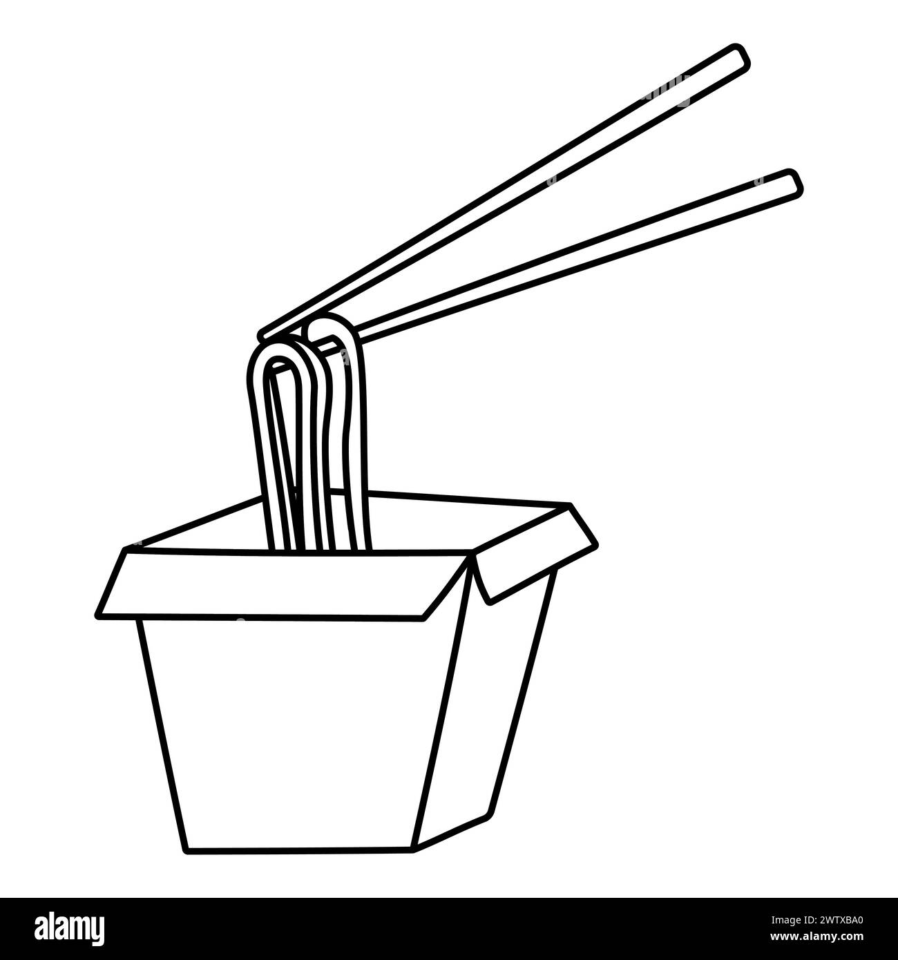 A red box with noodles and chopsticks sticking out of it. Fast food. Traditional Asian noodles. Udon. Hand drawn vector illustration. icon element sim Stock Vector