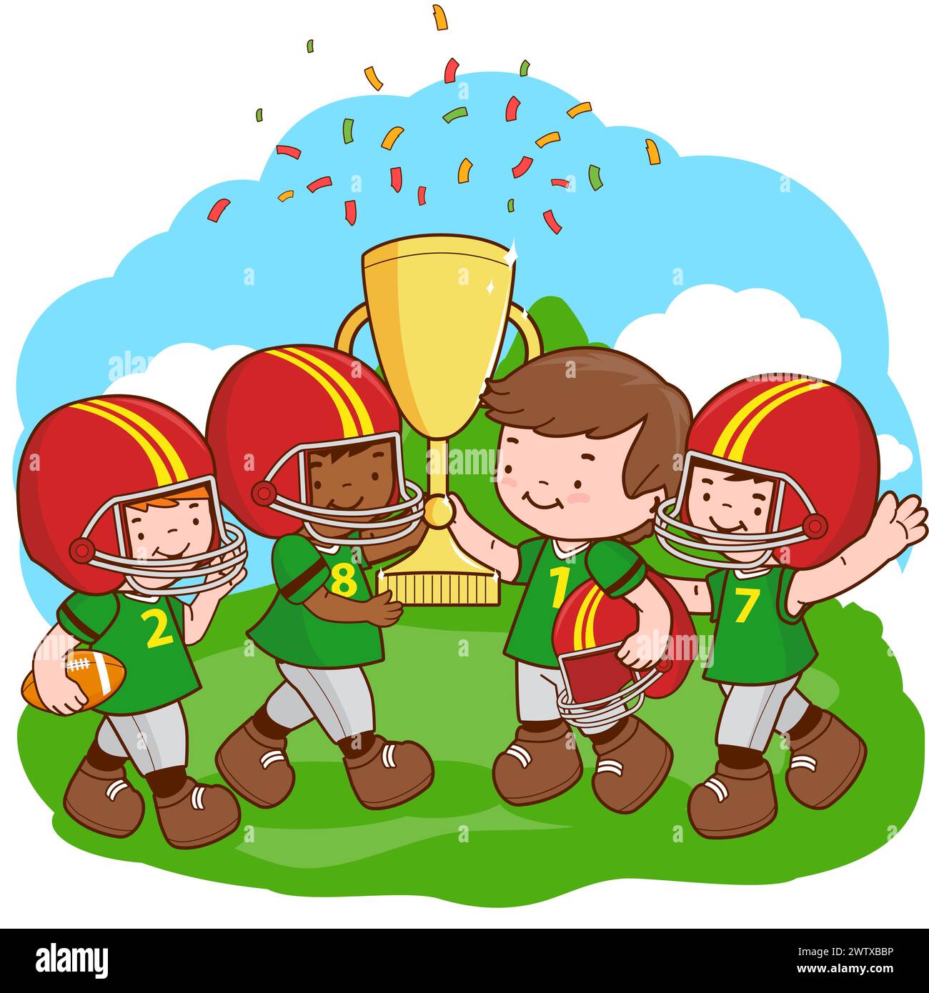 Children rugby players cheering and holding a golden trophy at the football field. Stock Photo