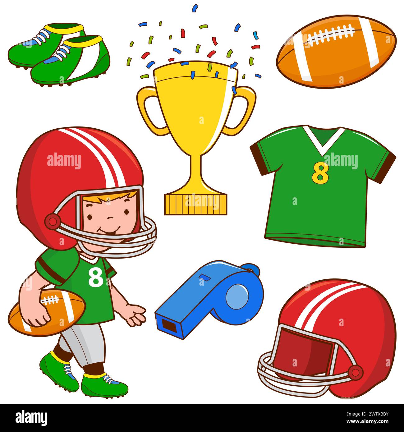 American football collection. Child American football player. Rugby athlete boy. Stock Photo