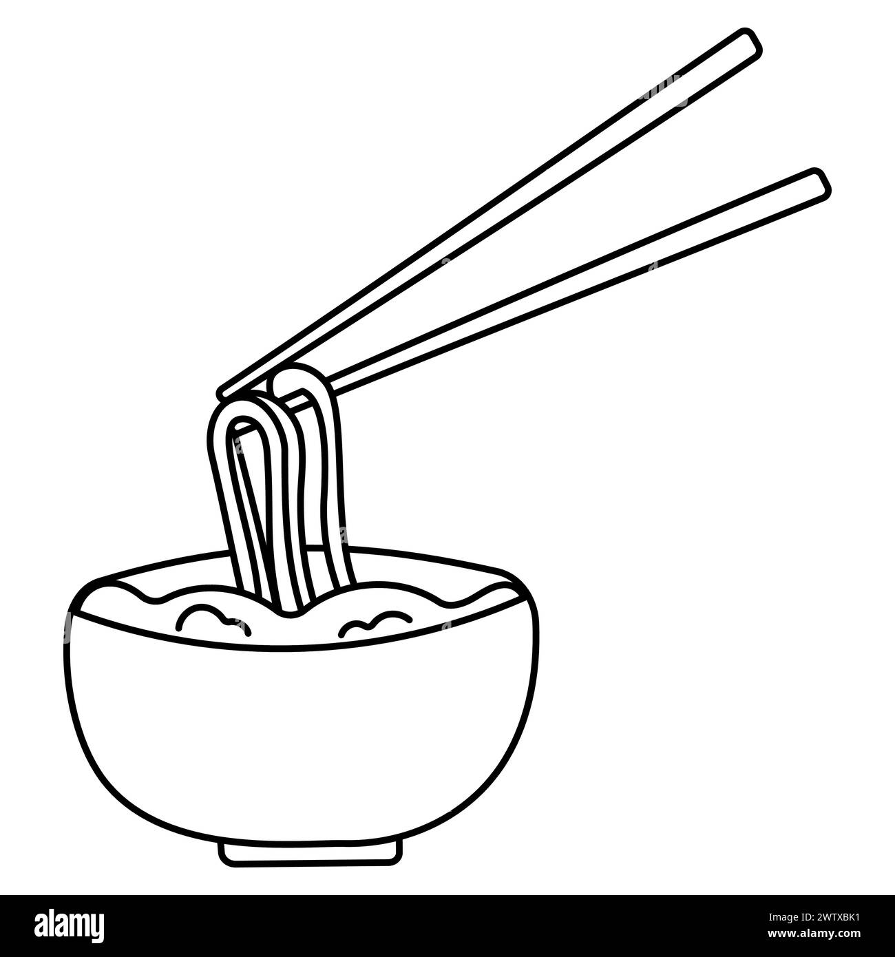 A household supply tool, chopsticks, stick out of a bowl filled with noodles. The balance of carmine soup adds a pop of color to the interior design. Stock Vector