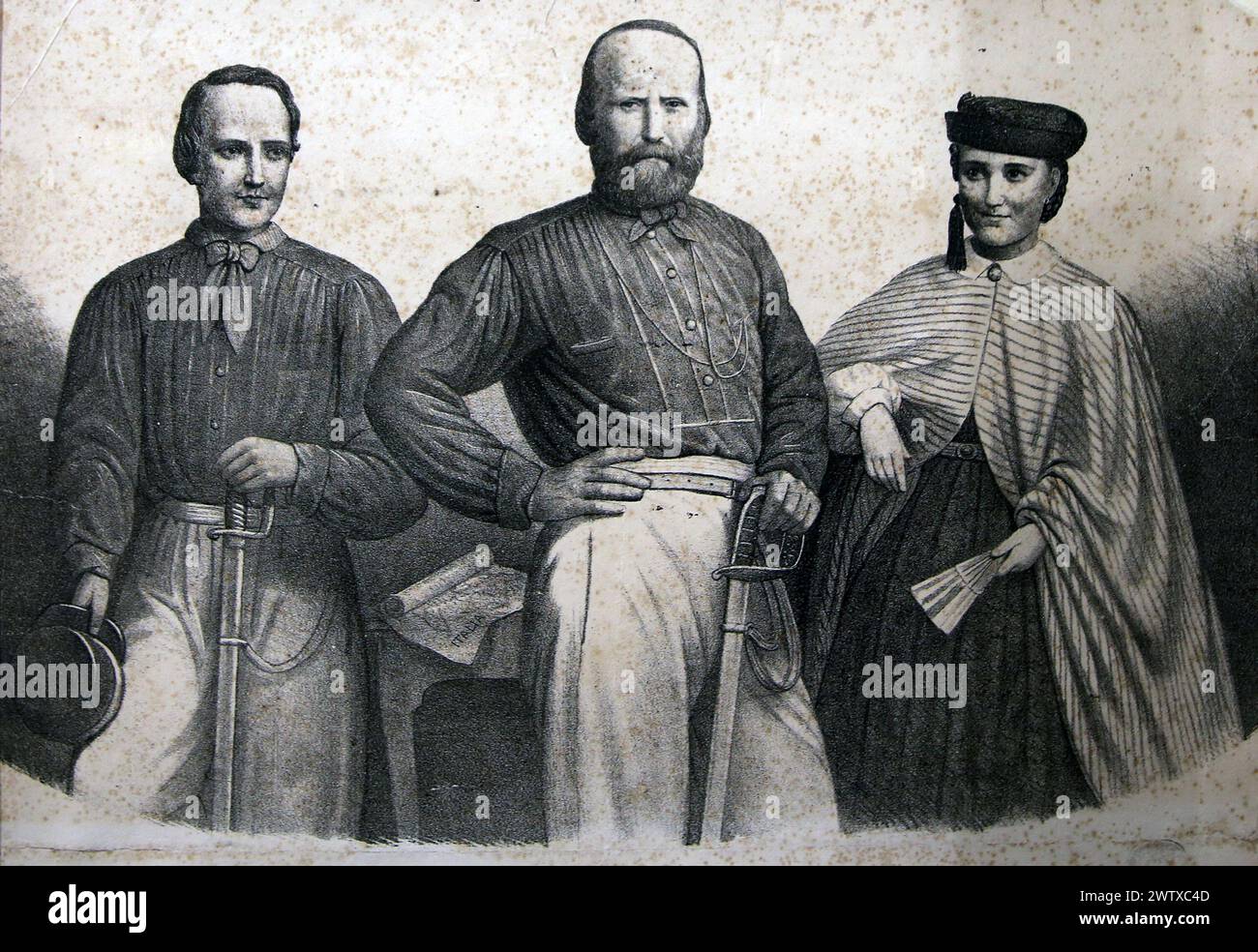 Giuseppe Garibaldi (1807-1882) with his son Menotti and daughter Teresa. Lithography, 19th century. Stock Photo
