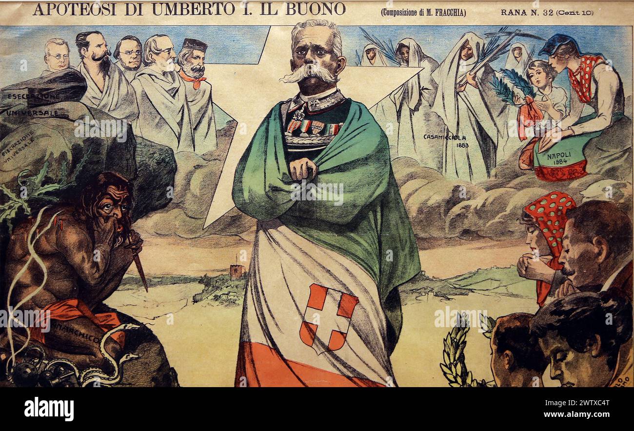 Celebration of the Risorgimento. Deification of Umberto I after his regicide. Lithography by M. Fracchia, 1900. Stock Photo