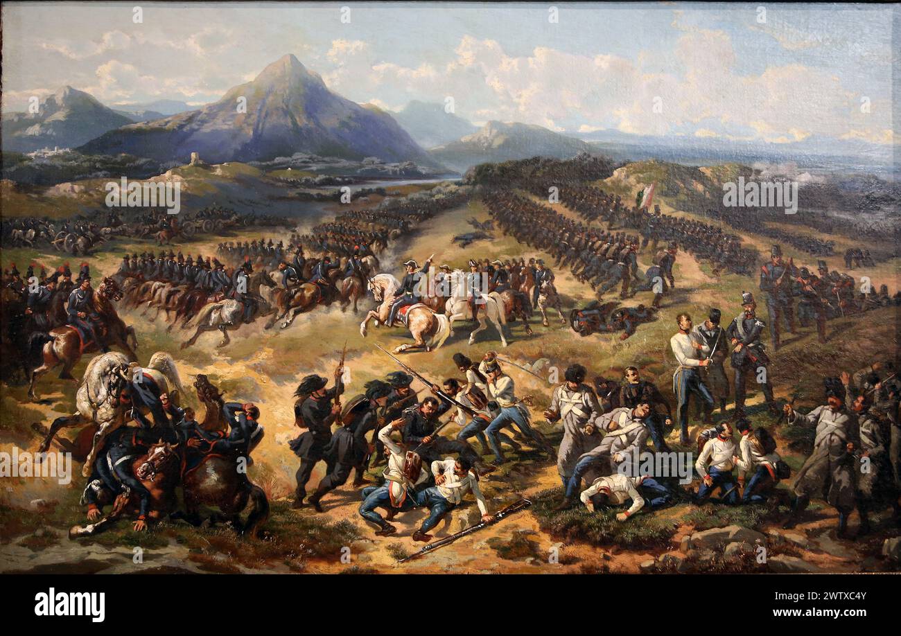 First Italian War of Independence. War between the Piamontese and Austrian army. Charge of the carabinieri in Pastrengo (30 April 1848), oleo by V. Gi Stock Photo