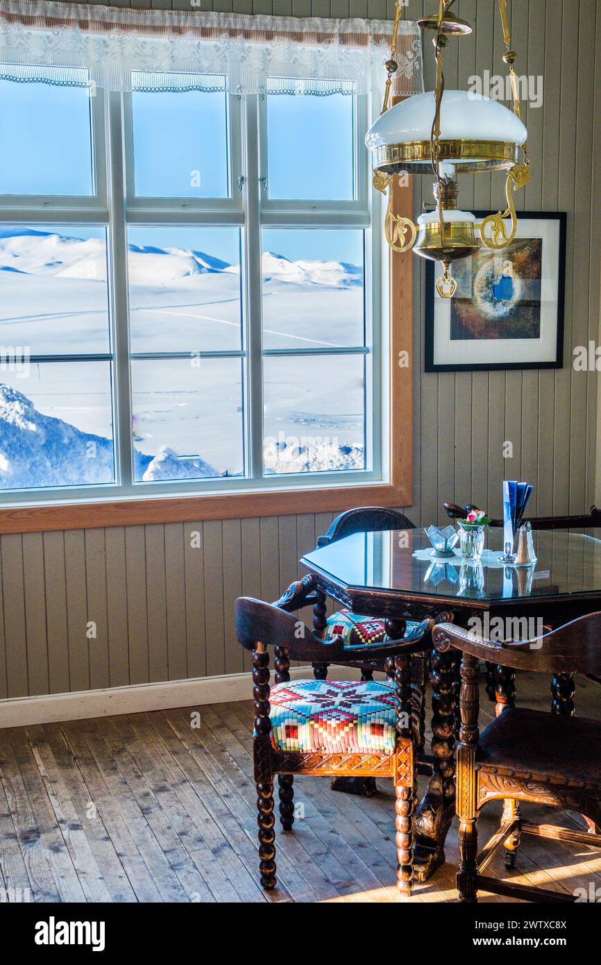 Winter view through the window at Bygdin Fjellhotell / mountain hotel in the Jotunheim region of Norway Stock Photo