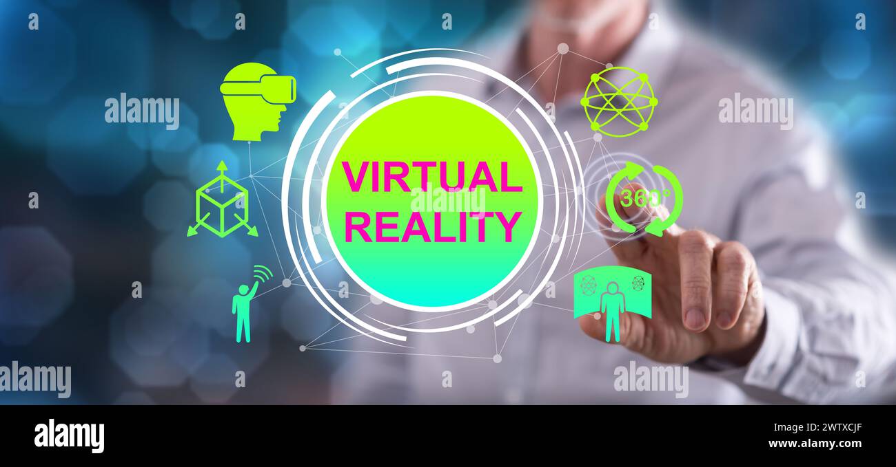 Man touching a virtual reality concept on a touch screen with his finger Stock Photo