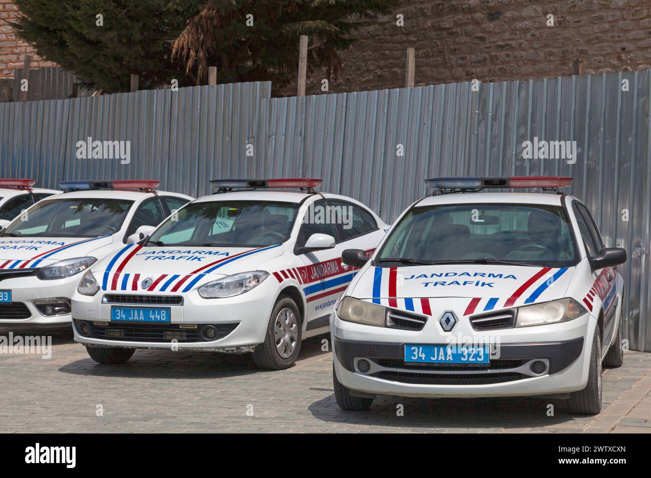 Istanbul, Turkey - May 09 2019: Row of cars from the Trafik jandarma (Traffic Gendarmerie) parked in a street. Stock Photo