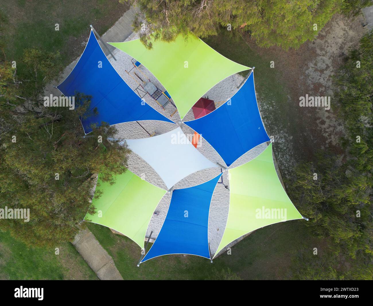 An aerial view of vibrant playground with shade sails in Busselton, Western Australia Stock
