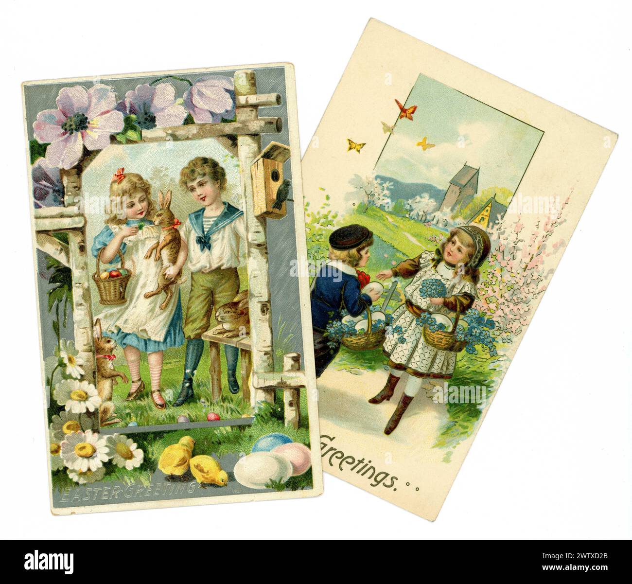 Original early American Easter greetings cards. Two children with baskets of Easter eggs. Unposted. U.S.A. Circa 1905 /1910. Stock Photo